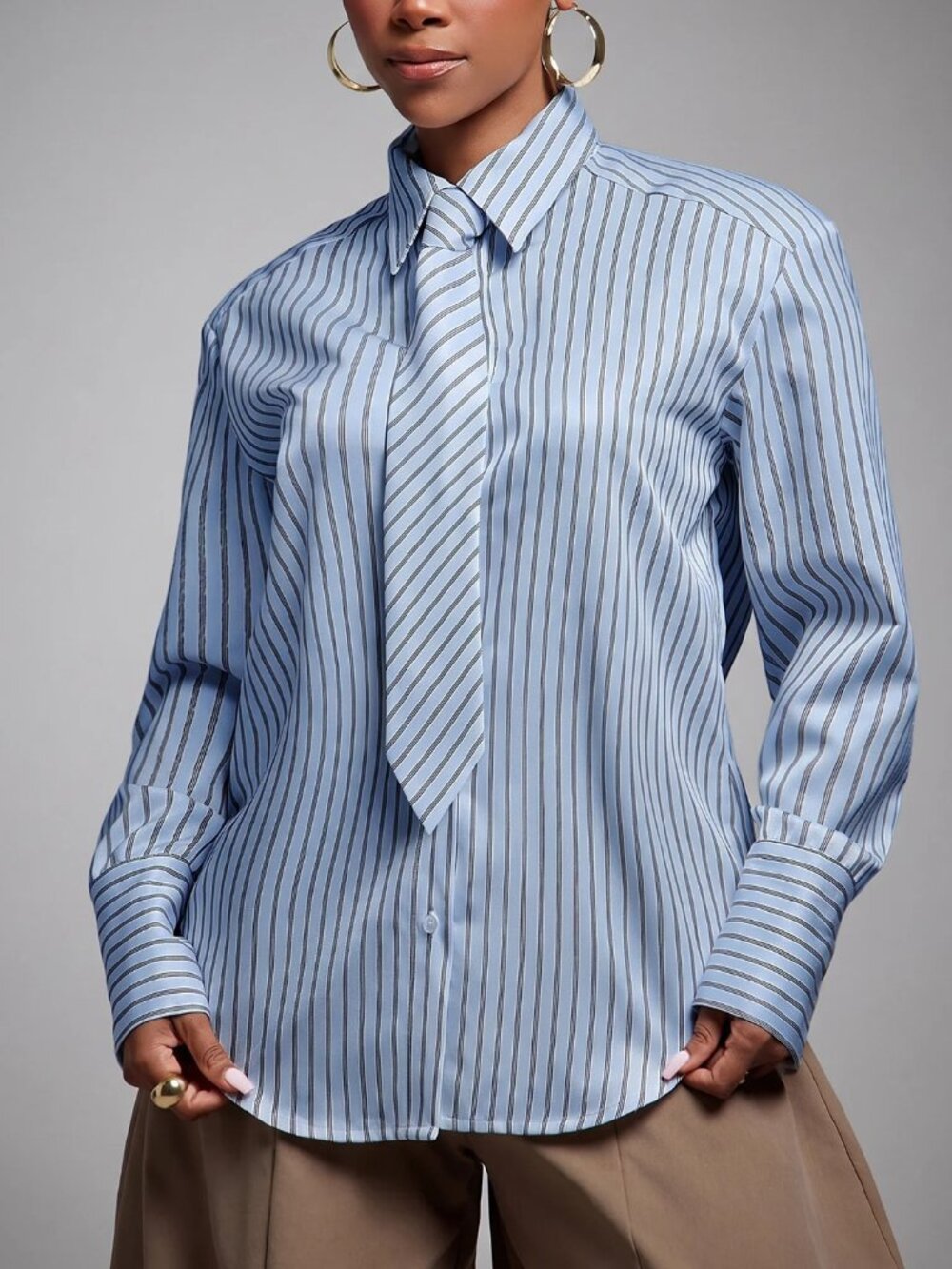 Blue And White Elegant Women's Bold Padded Shoulder Long Sleeve Shirt
